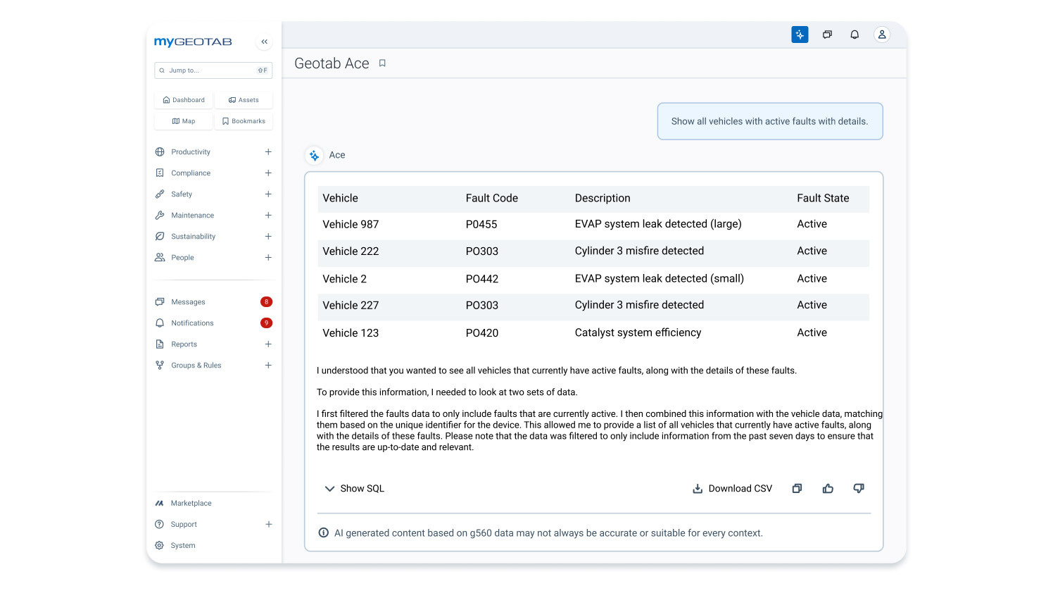 Geotab ACE 故障コード画面